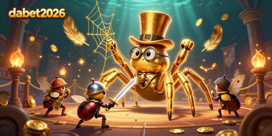 Engaging dabet2026 casino scene featuring a golden tarantula, brave knight, and moth spectators.