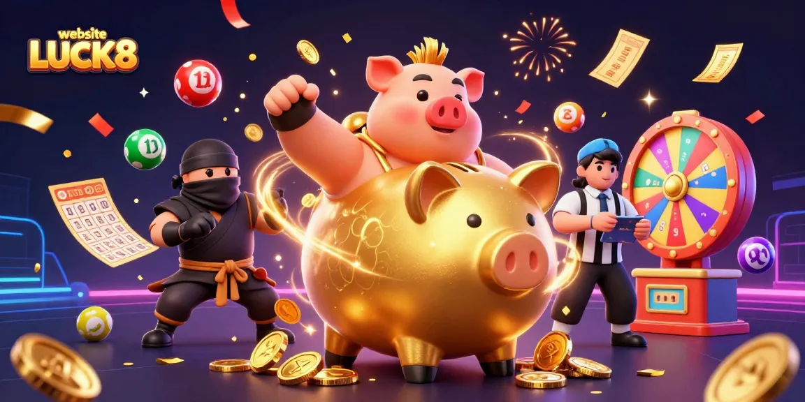 Experience the excitement of the website LUCK8 with dynamic characters and vibrant lottery elements.
