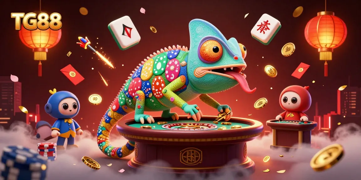 Experience the excitement of TG88 with a vibrant 3D chameleon casino owner collecting coins among gaming elements.