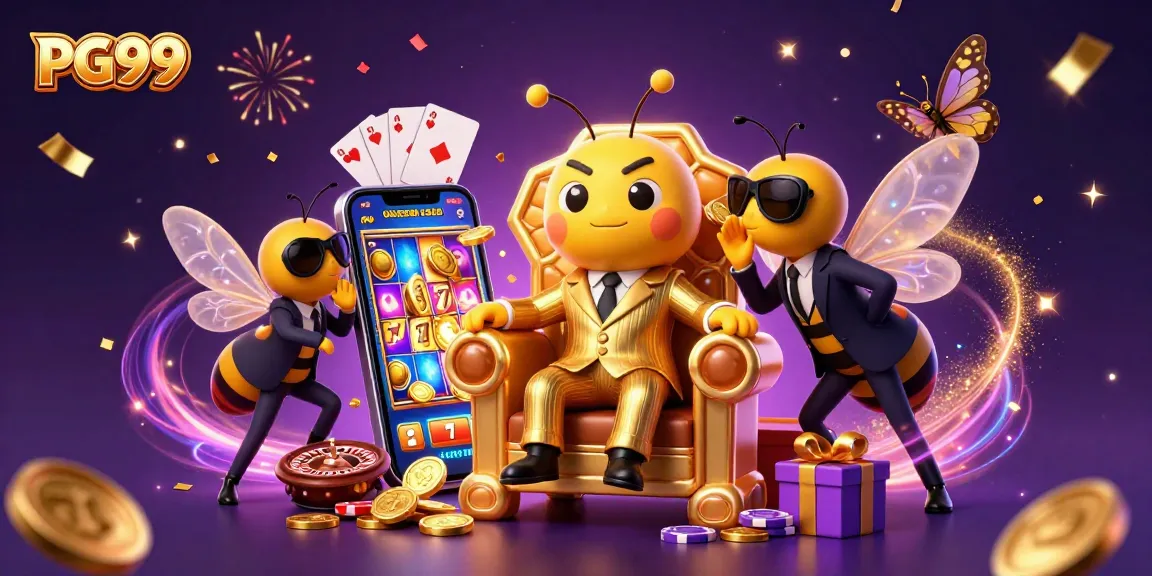 Experience the thrill of PG99 with a 3D cartoon bumblebee mob boss in a casino-themed scene.