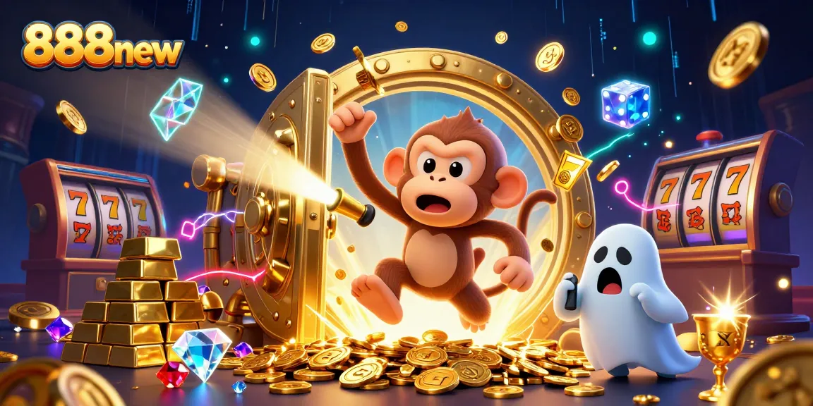 Engage in the thrilling world of 888new with a lively scene in a haunted casino featuring playful characters.