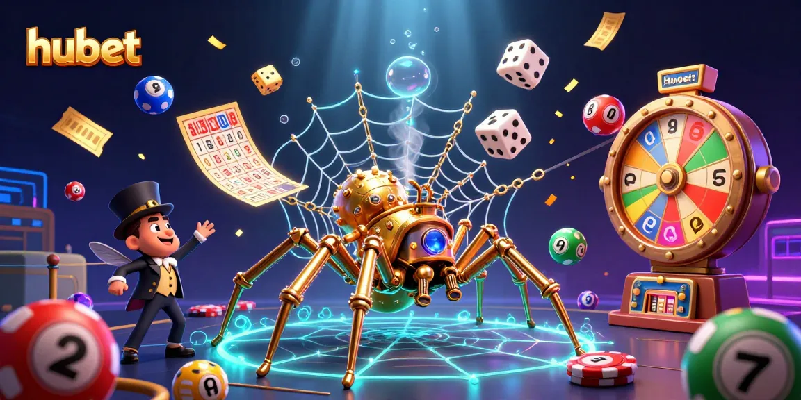 Experience thrilling games at hubet with a steampunk spider, lottery balls, and colorful prizes.