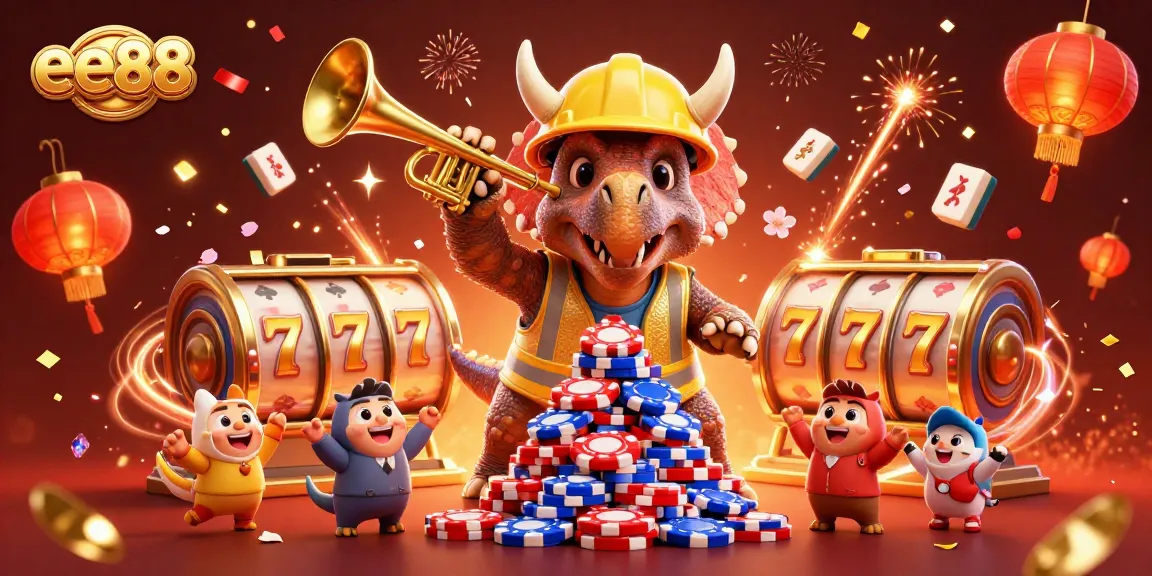 ee88 gaming spectacle with triceratops stacking poker chips and celebrating luck