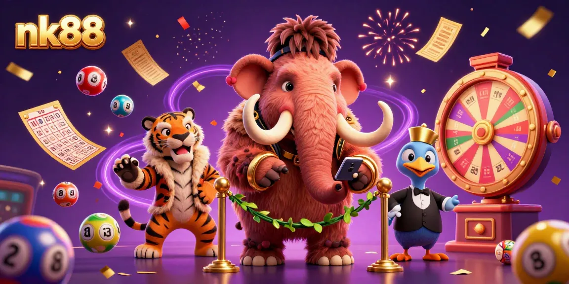 Win big with nk88 at a vibrant casino scene featuring memorable characters and lottery elements.
