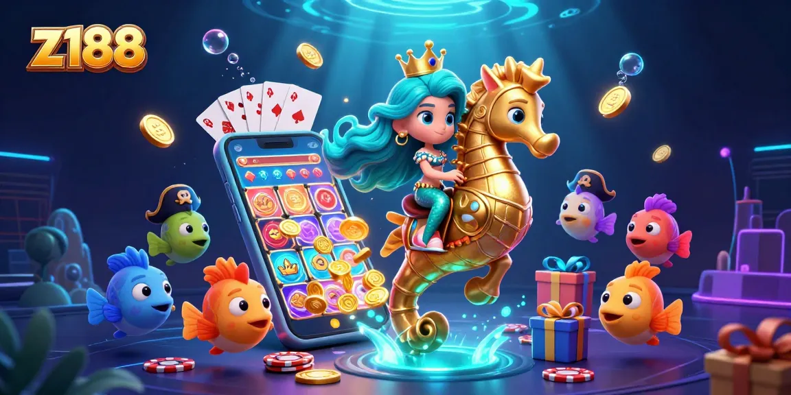 Spin the reels at z188 with vibrant 3D characters celebrating in an underwater casino.