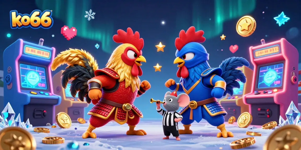 Witness the intense duel of fighting roosters for ko66, styled in vibrant colors with a golden gaming essence.