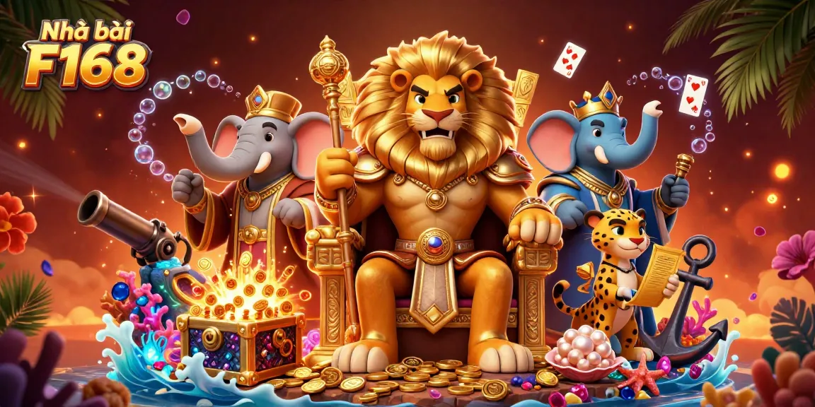 Engage with Nhà cái F168 as the fierce lion king rules the gaming throne, surrounded by treasures and excitement.