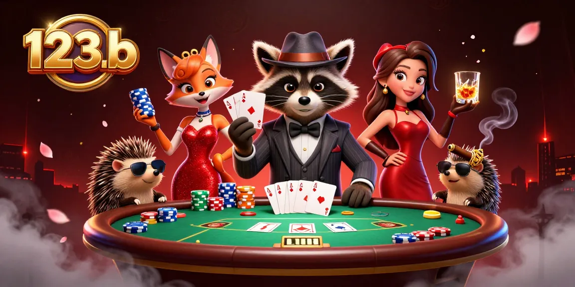 Play your hand at 123b with a charming raccoon and fox in a lively poker scene.