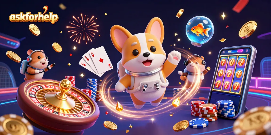 Askforhelp with a playful casino scene featuring a corgi, hamster, and goldfish floating amidst poker chips and coins.