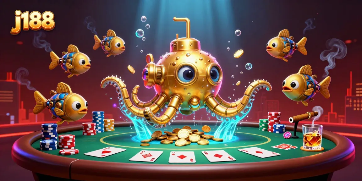 Engage with j188's golden kraken submarine in an exciting poker scene amidst a treasure of coins!