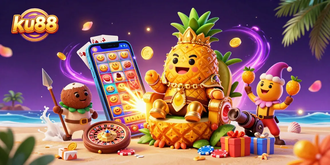 Engage with ku88's vibrant casino scene featuring the golden pineapple king on his throne, gaming elements in action.