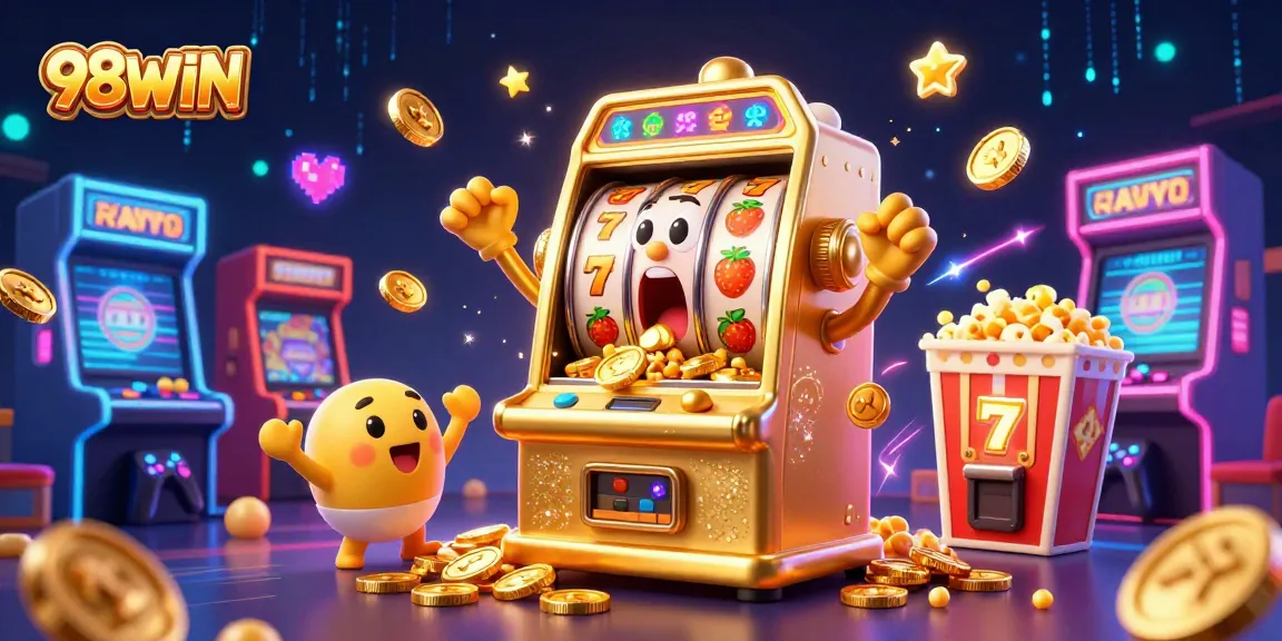 Celebrate the excitement on 98WIN as a golden slot machine hits the jackpot, showering coins amidst cheering machines.