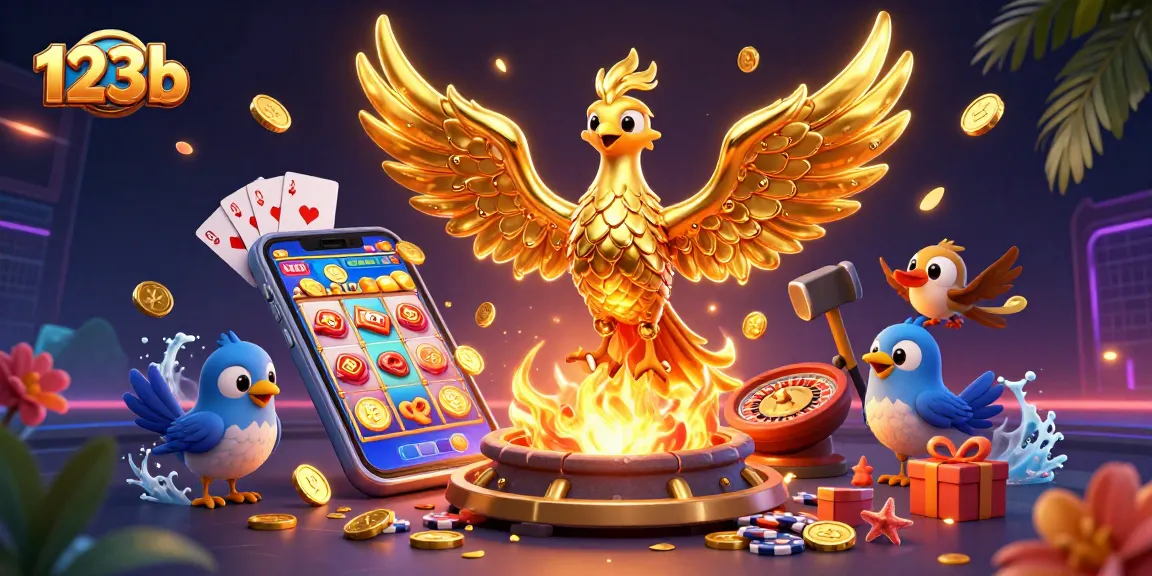 Win big with 123b's golden phoenix and exciting casino elements in a vibrant 3D scene.
