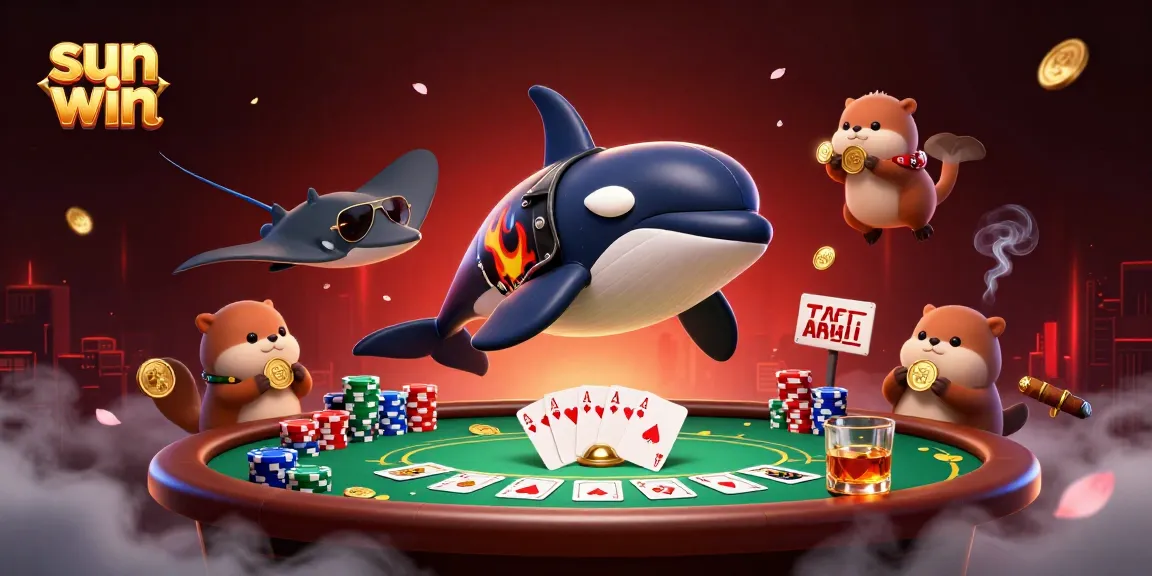 Engage in thrilling moments at sun win games with a lively scene featuring sea creatures and poker elements.