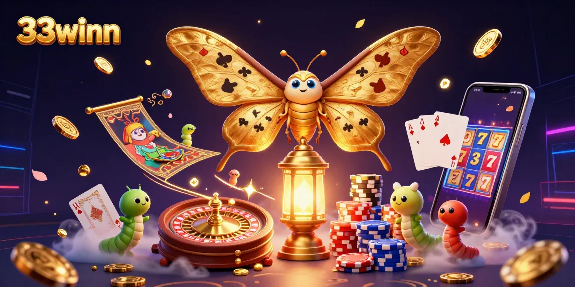 Experience the vibrant atmosphere of 33winn with golden casino elements and a majestic moth.