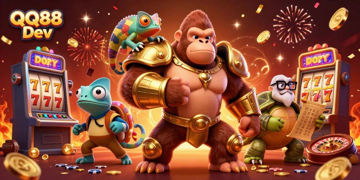 Play exciting games at QQ88 Dev featuring a powerful gorilla king and a wise tortoise in a vibrant casino